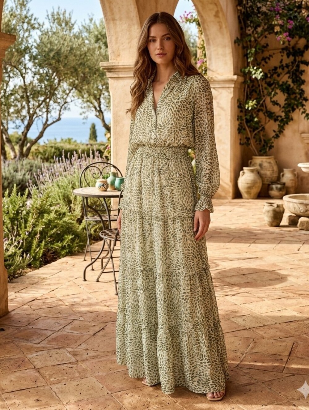 Kate And Lily Light Green Printed Maxi Dress with Smocked Waist